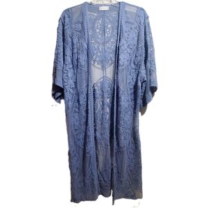 ALTAR'D STATE Romantic Dusty Blue Lace Kimono Duster 3/4 Sleeve Floral Cover Up